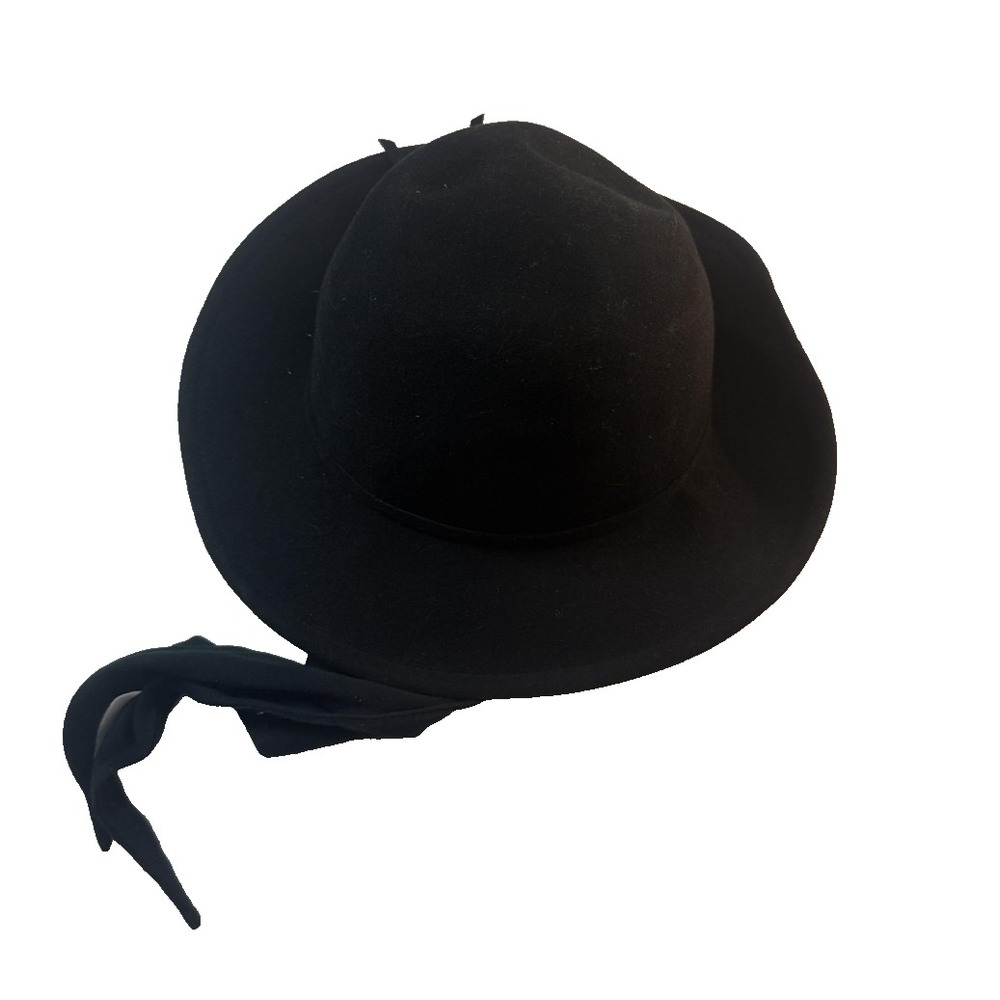 Vintage Wool Cloche Hat Dark Academia Womens Black Felt Brim Tie Strap USA